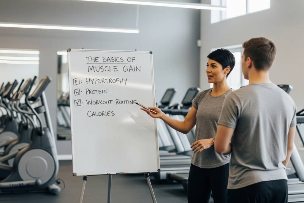Trainer explaining muscle gain basics using a whiteboard.