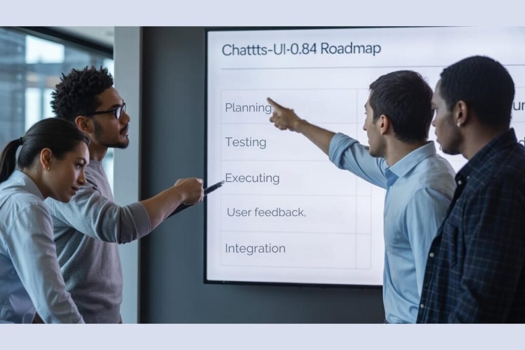 Developers reviewing Chattts-UI-0.84 roadmap during project meeting