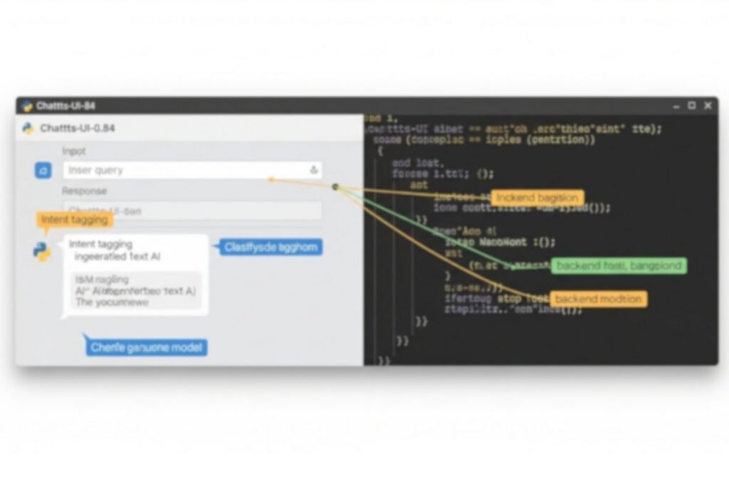 Chattts-UI-0.84 interface with labeled UI components and backend code.