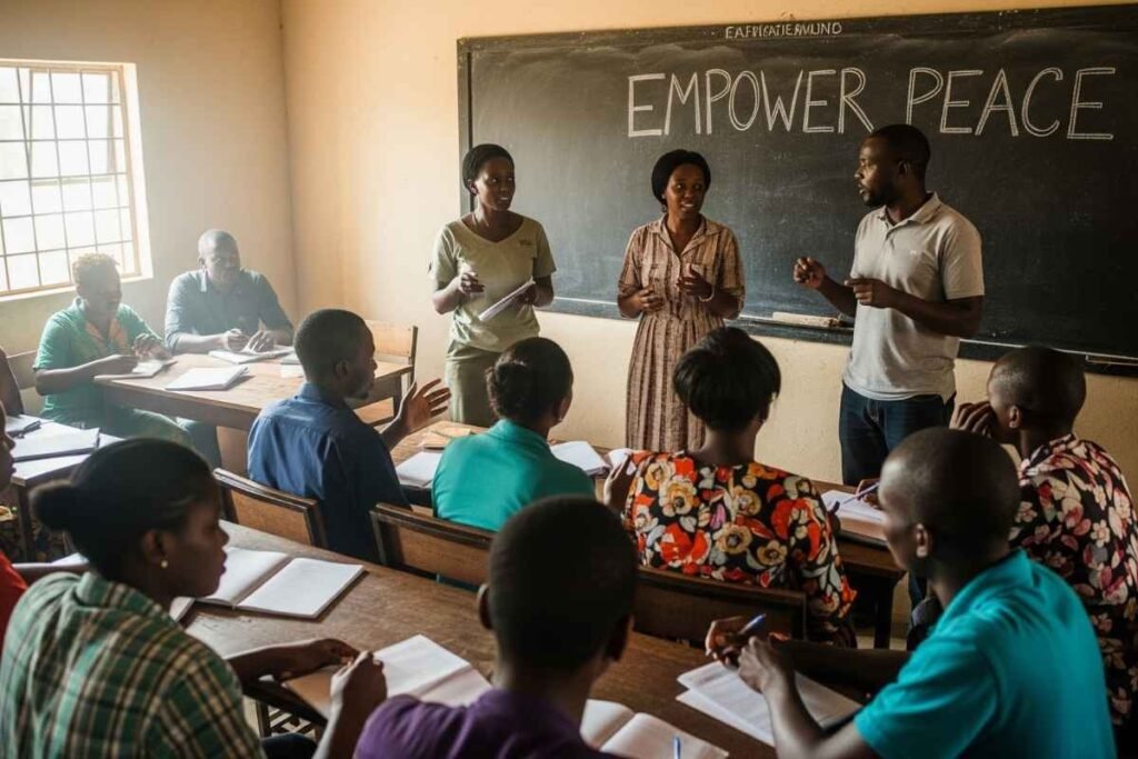 Youth and women engaging in peace education in East African city.