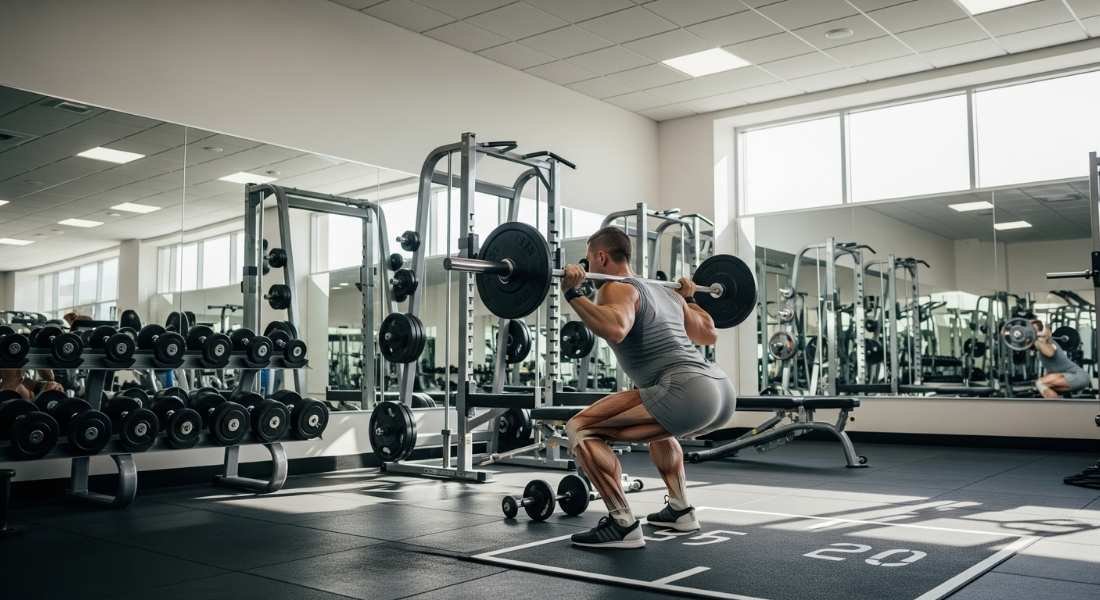 Person performing compound exercise in gym to gain muscle.