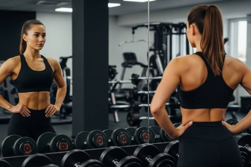 Tracking visible muscle gain progress in mirror reflection.