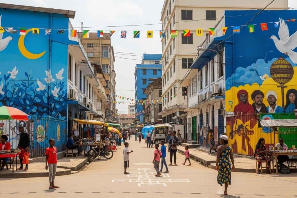 Peace murals on walls in an East African House of Peace city.