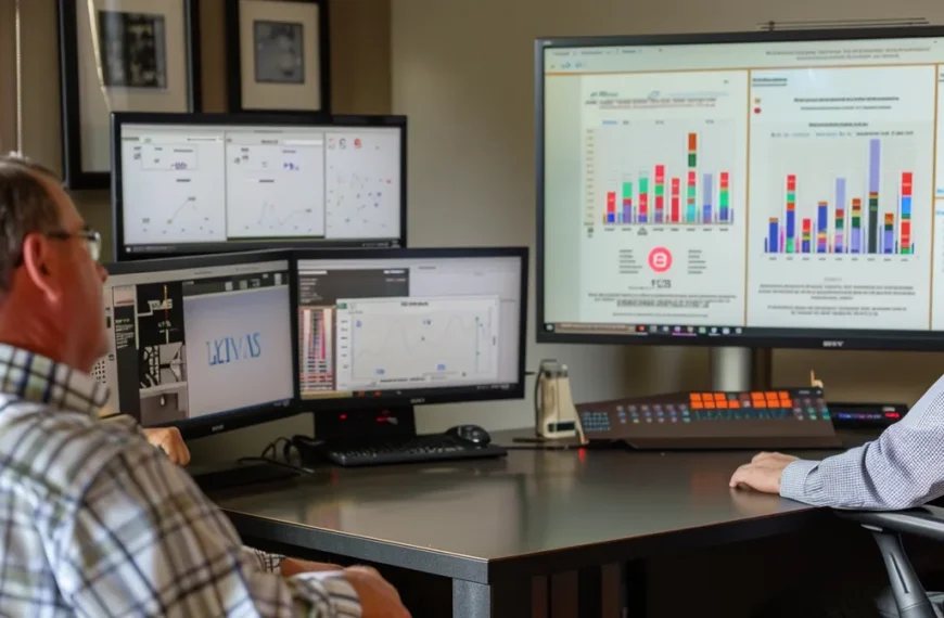 Three men collaborate at a table, utilizing three monitors for account planning software integration.