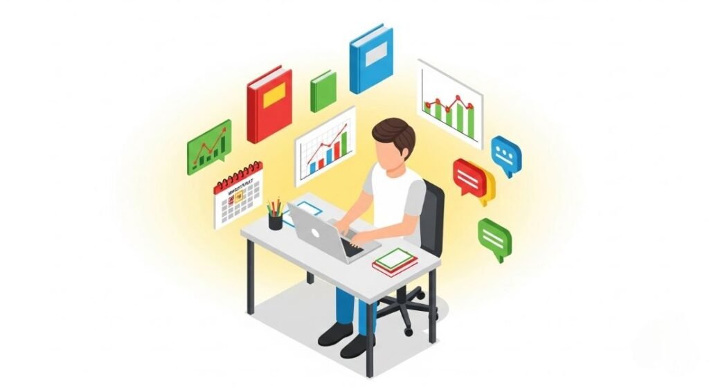 A student using an online study platform with various educational tools floating around.