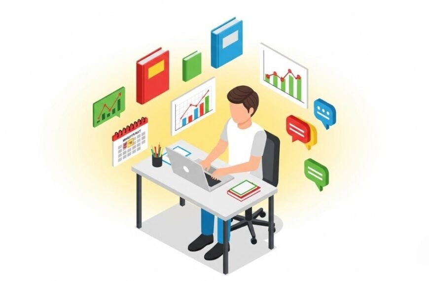 A student using an online study platform with various educational tools floating around.