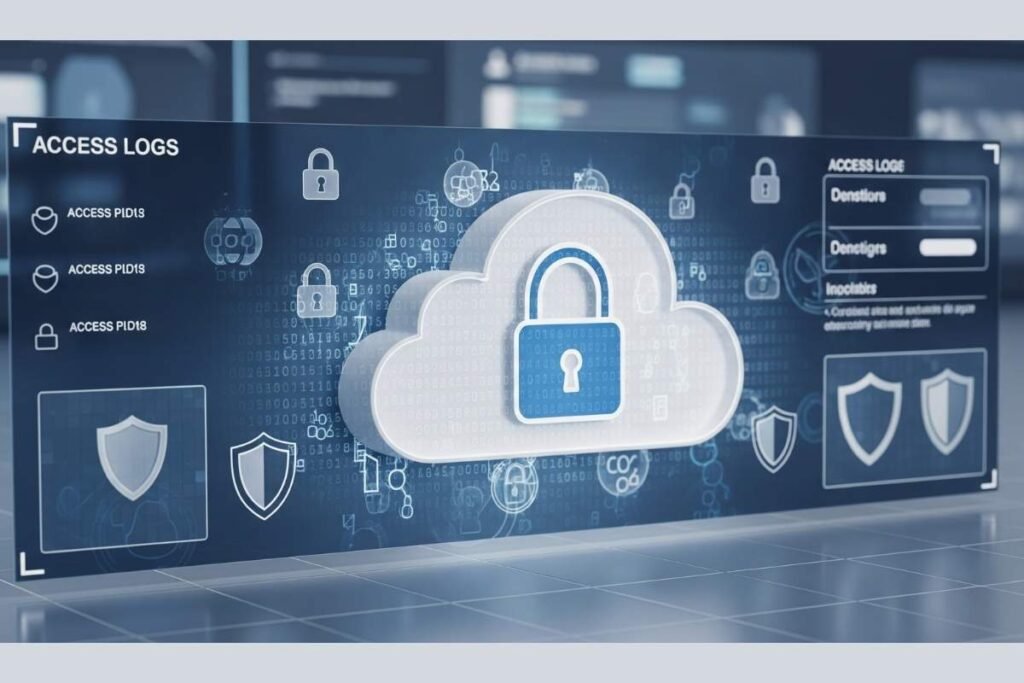3D secure cloud icon with encryption and user access logs.