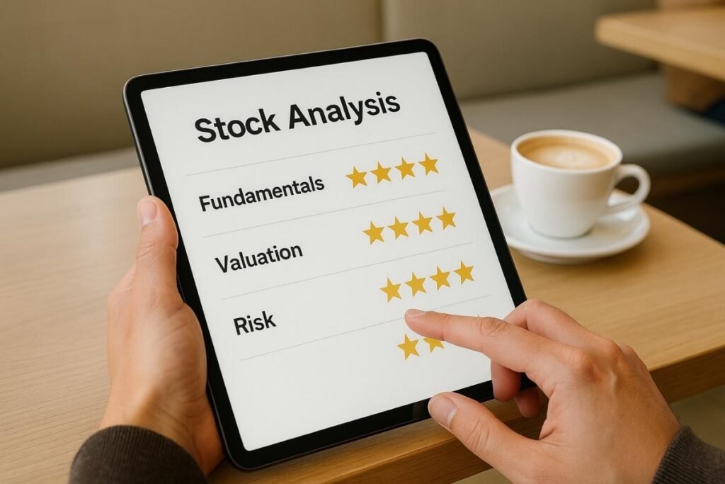 User exploring 5StarsStocks.com material on a tablet in a public setting