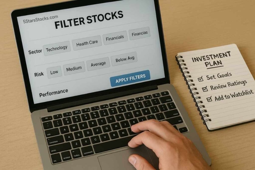 User interacting with 5StarsStocks.com material to filter stock options