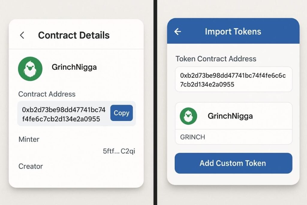 How to add Grinchnigga token using a contract address in a DEX