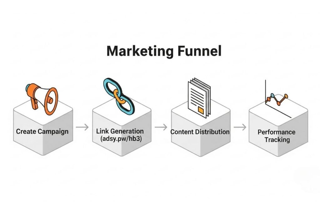 Illustrated 4-step funnel showing how adsy.pw/hb3 guides a campaign.