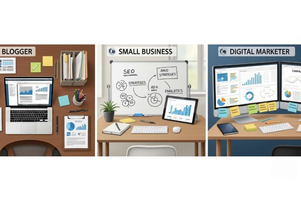 Different users like bloggers and marketers working with SEO tools.