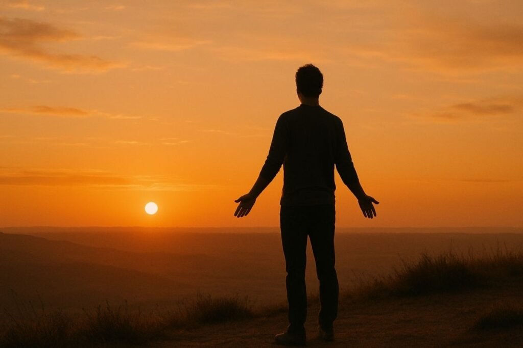 Person embracing Antarvwsna at sunset on a quiet hill