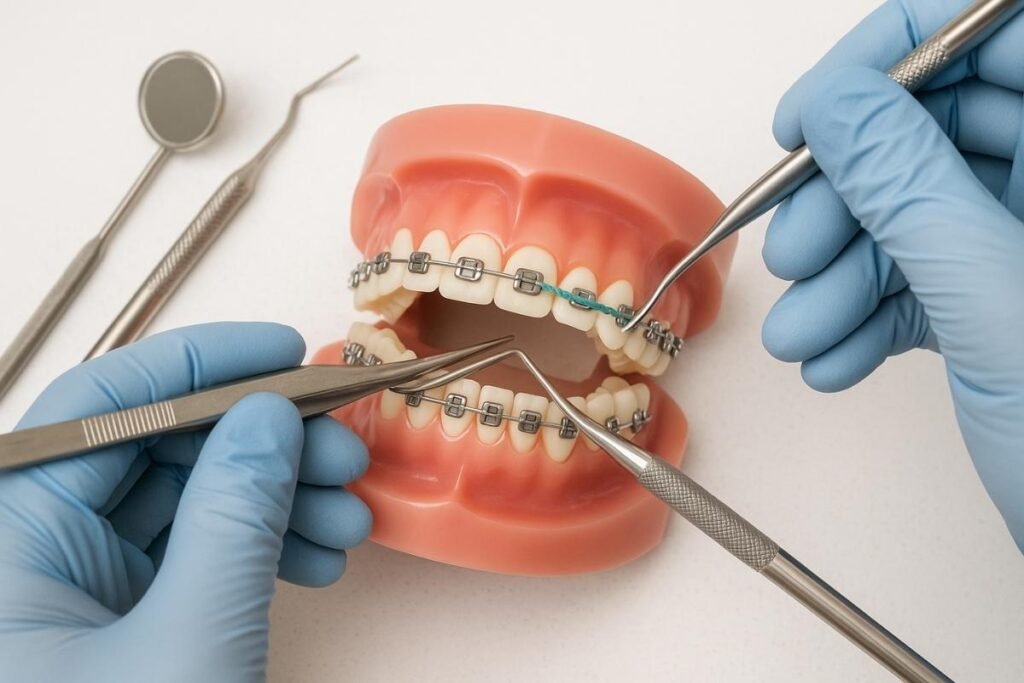 Orthodontist applying power chains to braces on dental model