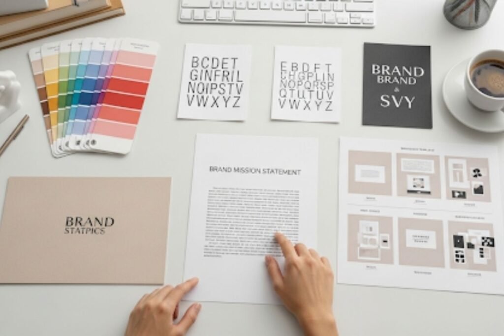 Elements of a brand identity explained through Berushbrand com tools.