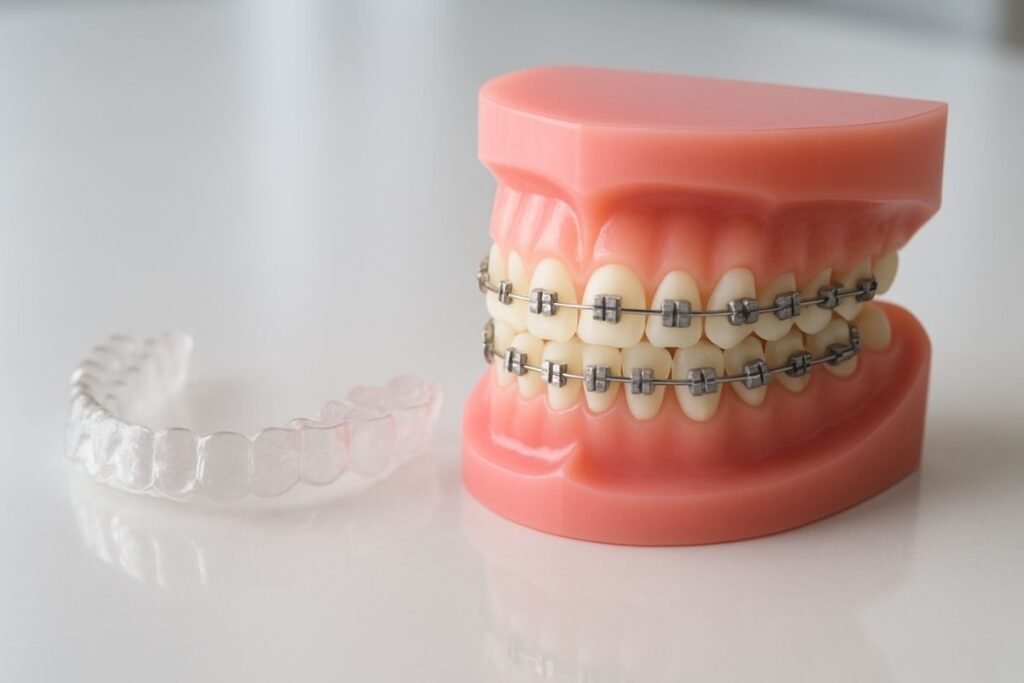 Braces and retainer side by side showing treatment transition