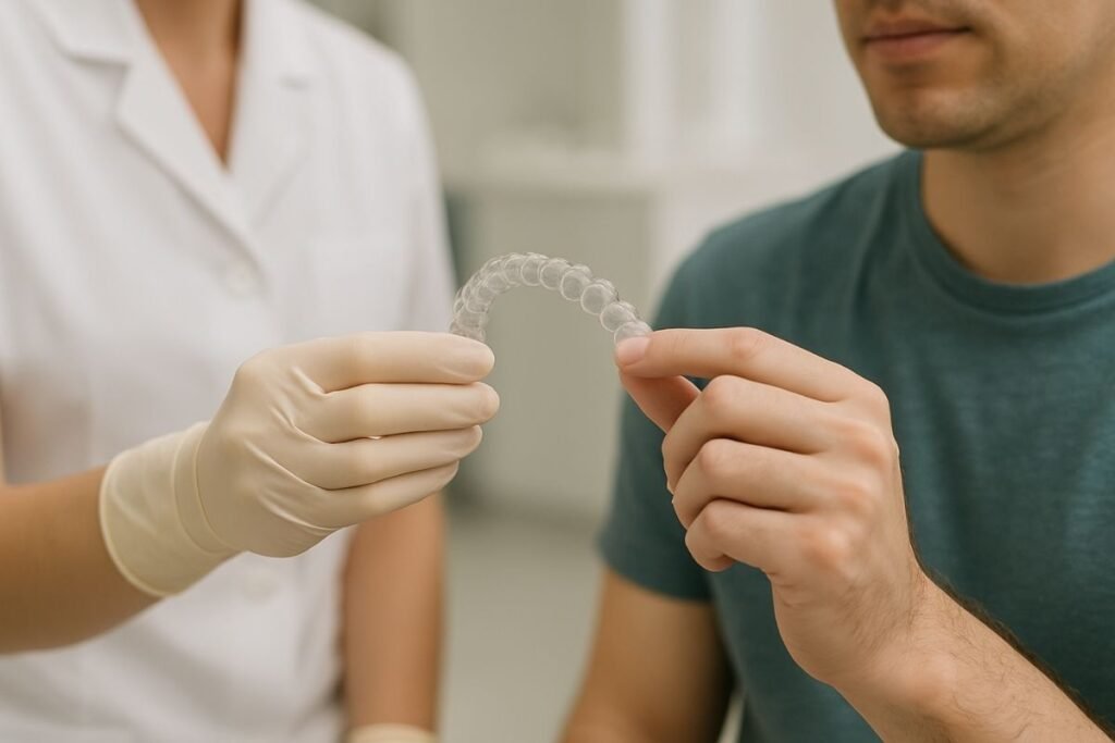 Dentist explaining clear aligners for crooked teeth