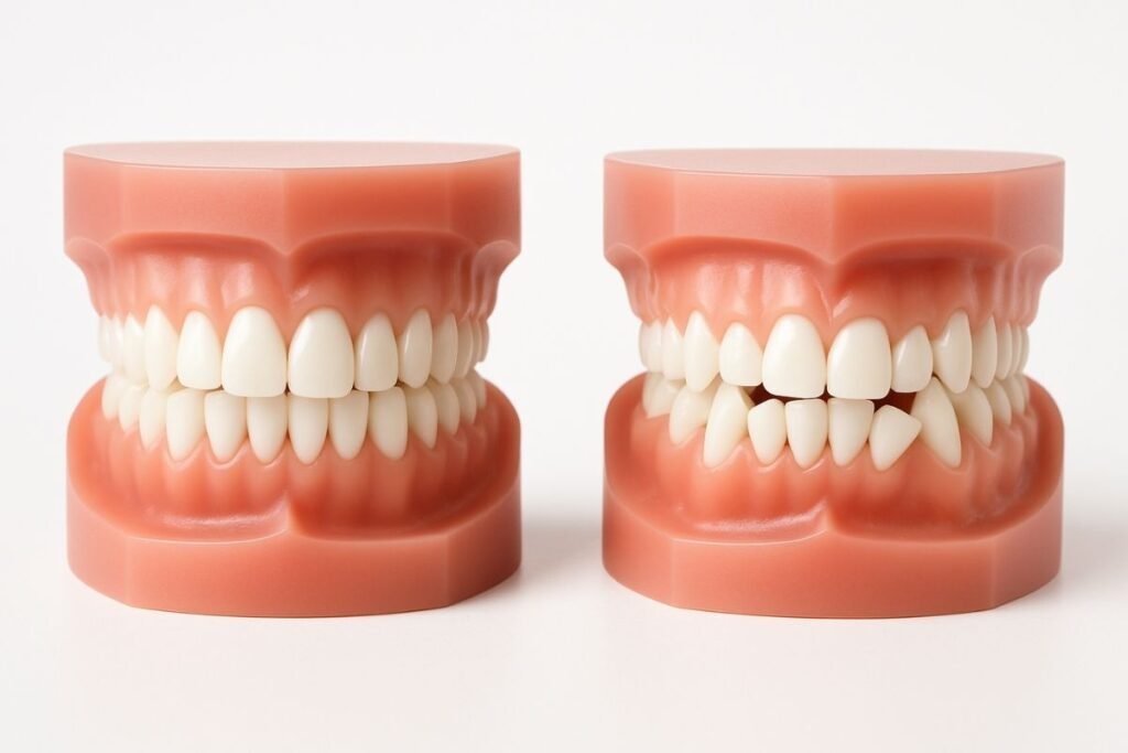 Dental model showing comparison between straight and crooked teeth