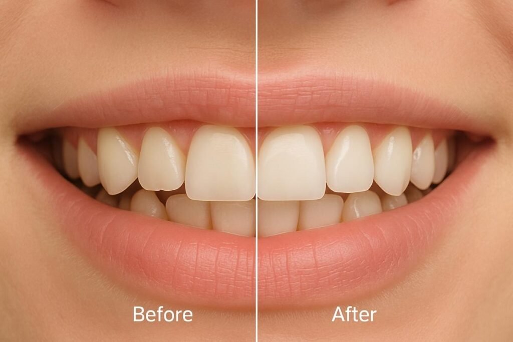 Before and after veneer treatment for mildly crooked teeth