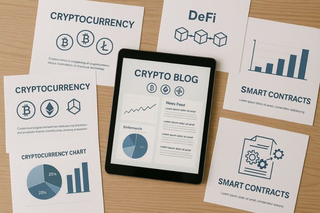 Printed crypto materials and tablet showing Crypto-Engine.pro blog
