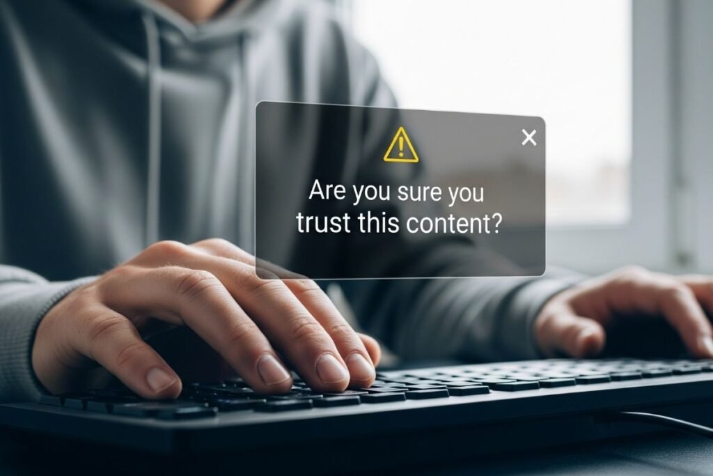 Realistic image showing user hesitating before clicking on FC2-PPV-3313044 content.
