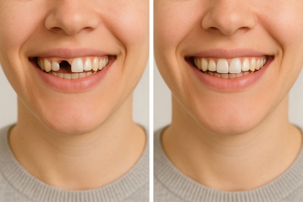 Before and after smile with and without flipper tooth