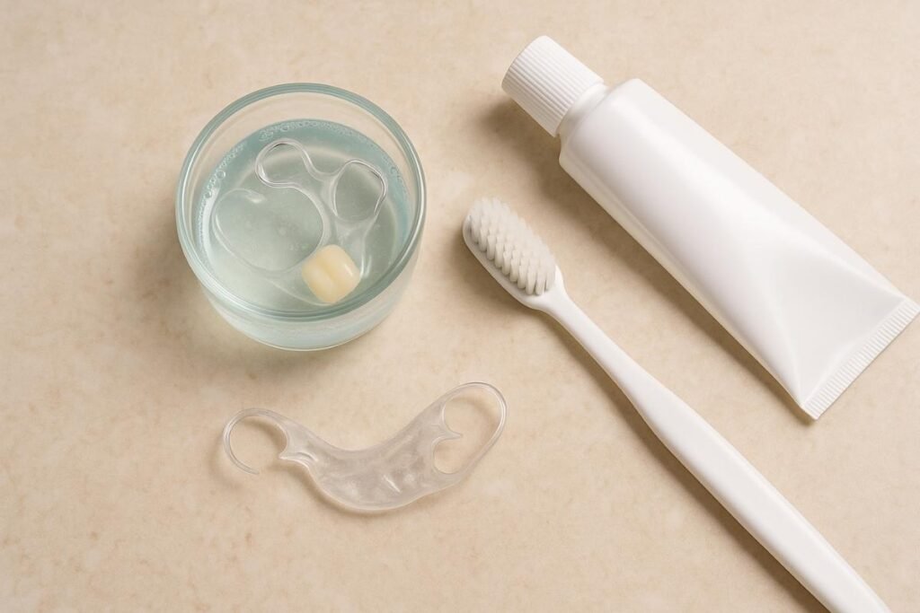 Flipper tooth soaking in cleaning solution beside toothbrush