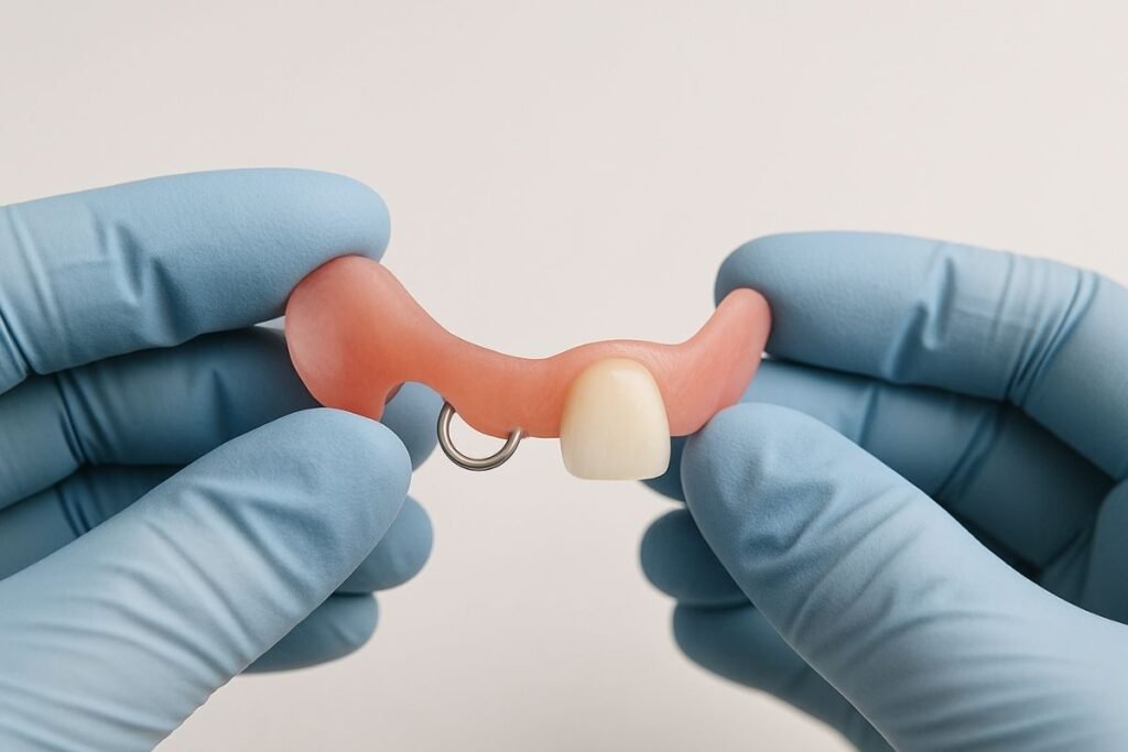 Close-up of a dental flipper tooth held in gloved hands