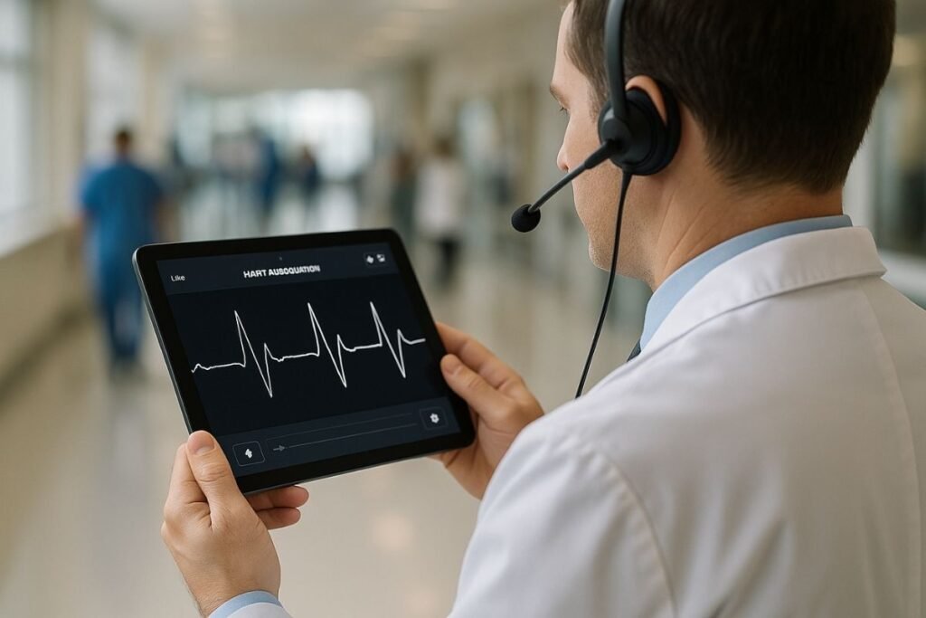 Doctor reviewing heart sound data from Fonendi stethoscope on tablet