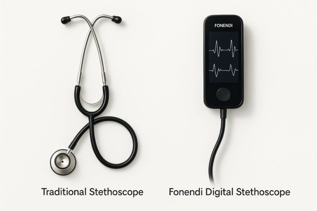 Fonendi vs traditional stethoscope on a comparison layout