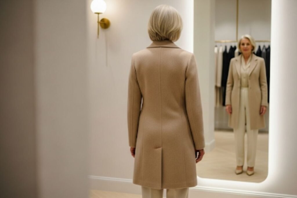 Gessolini customer admiring sustainable outfit in boutique mirror