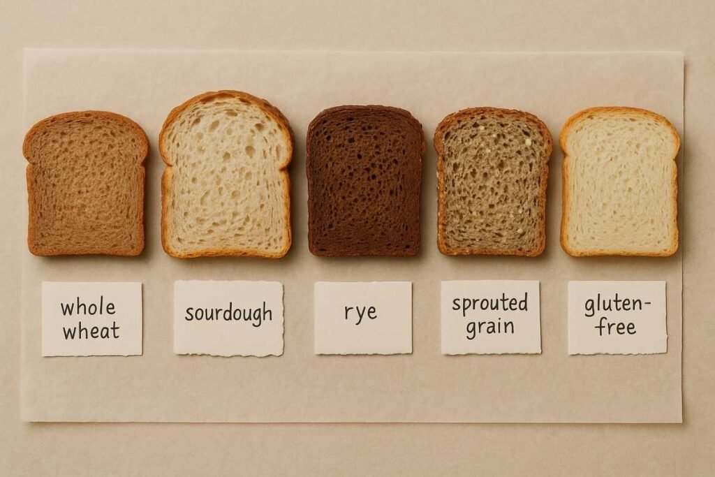 Healthiest bread types including sourdough and whole wheat