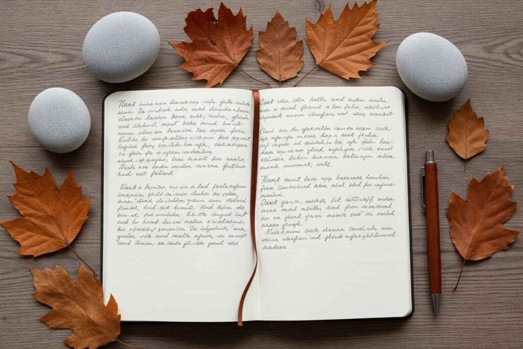 Journal and natural elements representing mindful reflection through Iganiny