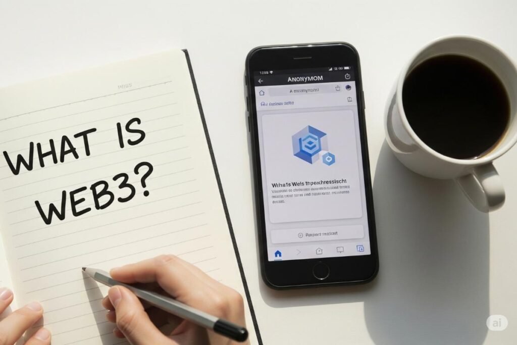 MASQ concept visually explained with Web3 notes and secure browsing phone