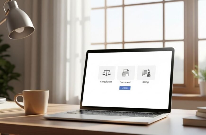 Home office with laptop showing online legal platform interface.