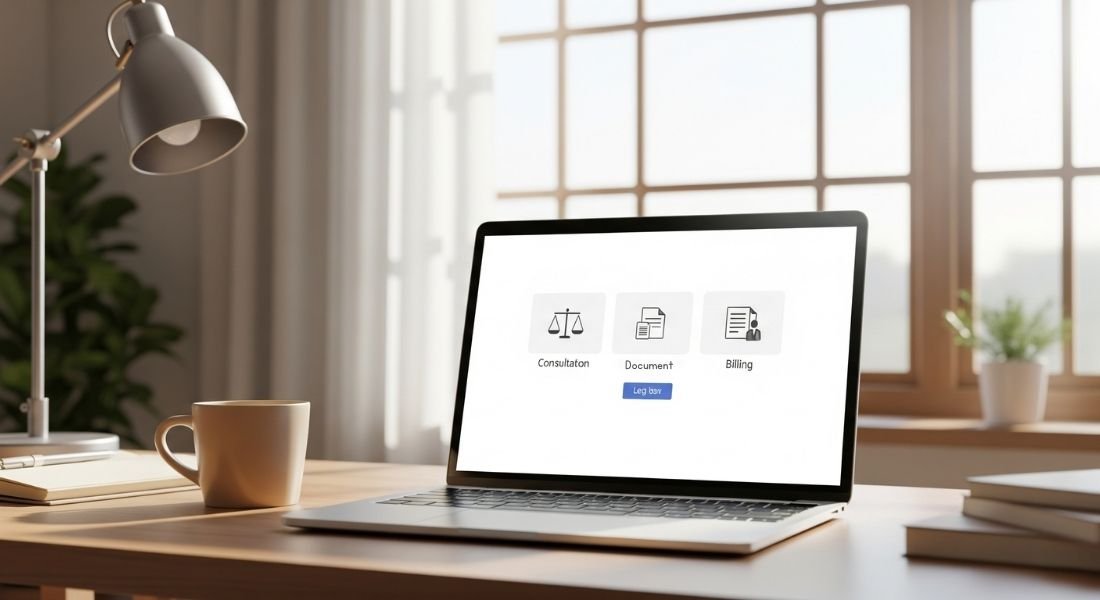 Home office with laptop showing online legal platform interface.