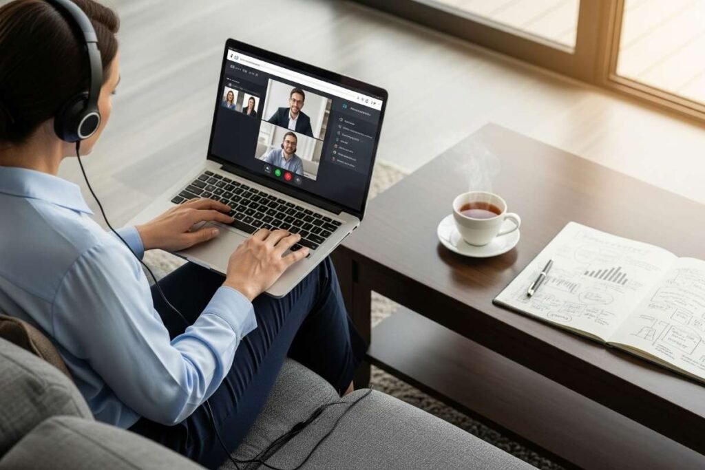 Lawyer working remotely during a virtual legal consultation.