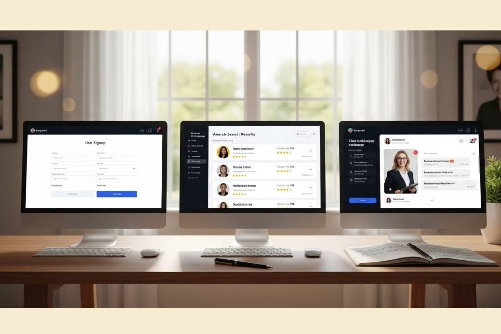 Three-step legal process on MyLawyer360 shown with screenshots.