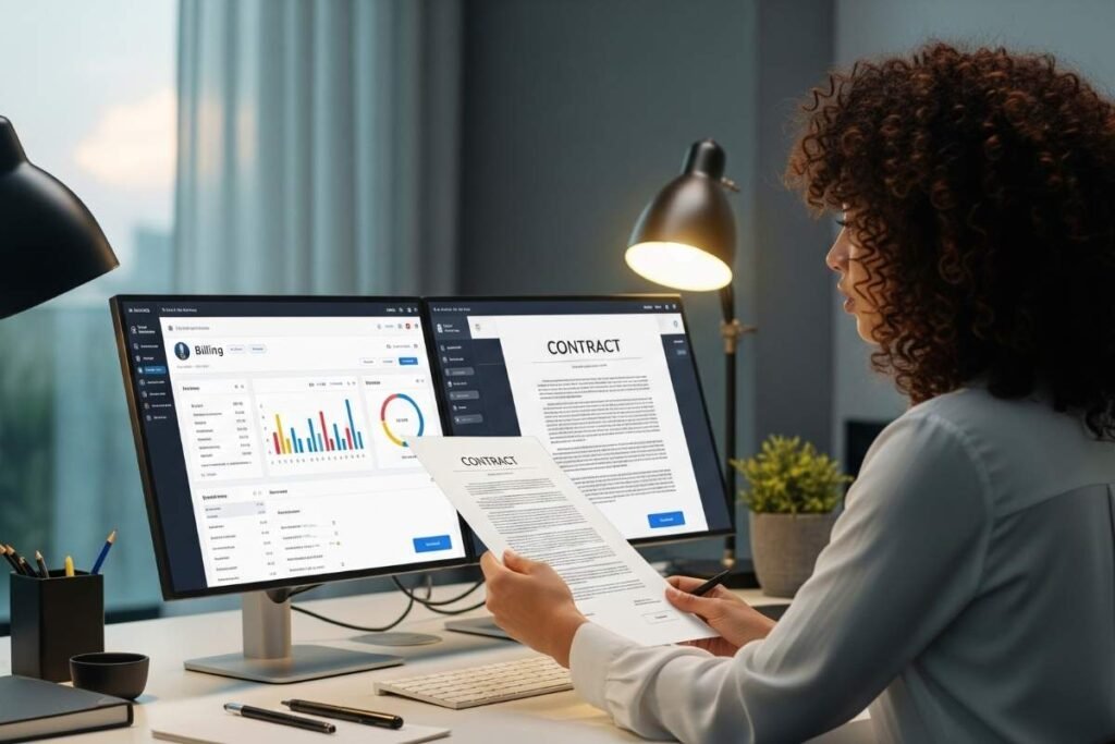 Small business owner reviewing digital contracts and billing tools