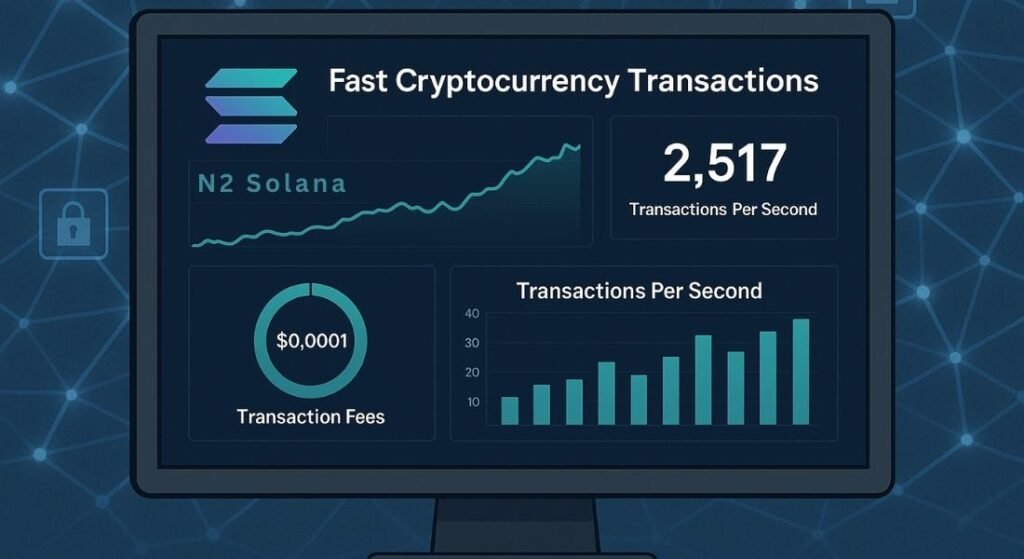Realistic dashboard showing N2 Solana transaction speed and low gas fees.