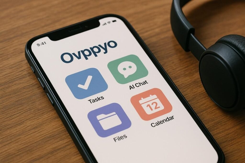 Ovppyo mobile interface on smartphone showing productivity tools