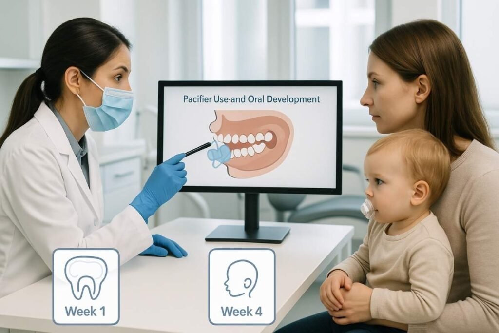 Pediatric dentist explains pacifier teeth to a parent