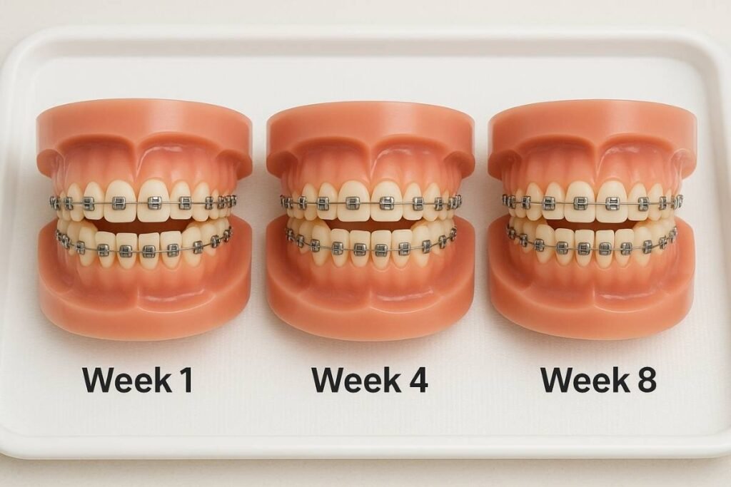 Visual progression of teeth gap closure with power chains over time