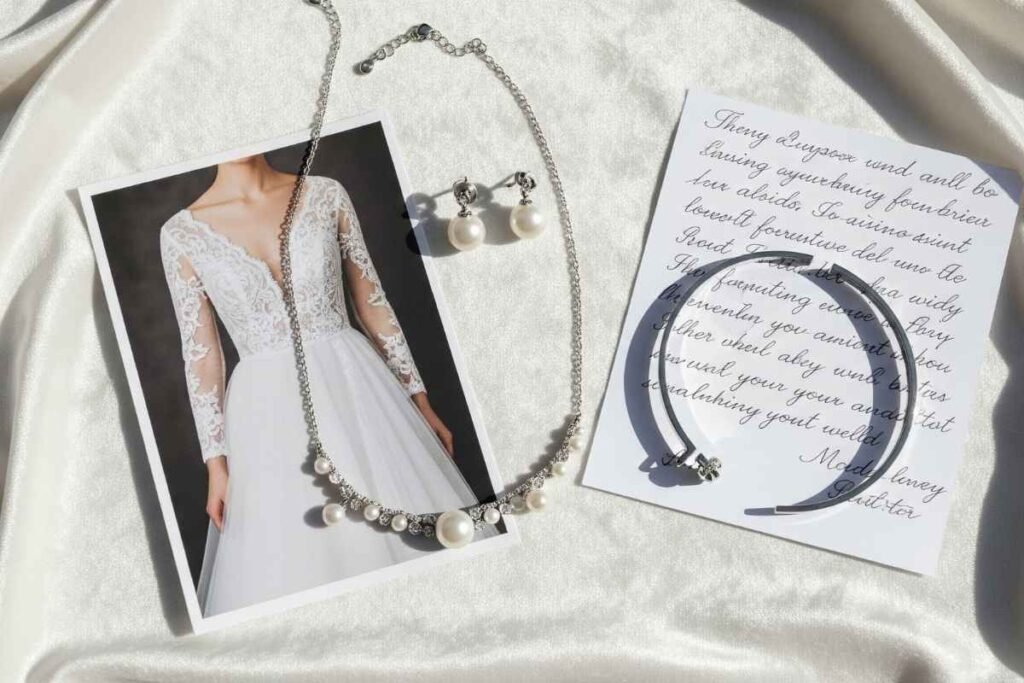 Bridal jewelry set with customer note and dress photo.