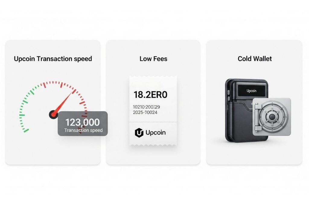Upcoin benefits showing fast transactions, low fees, and security