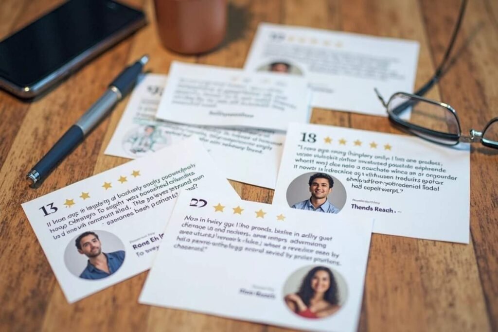 Printed customer testimonials arranged on a wooden desk