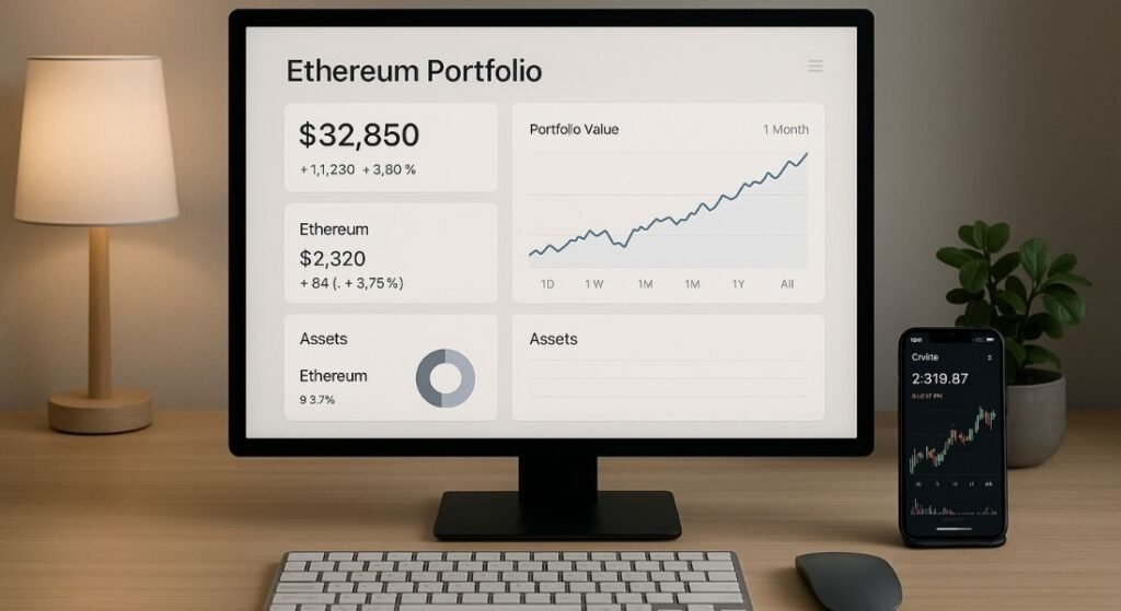 Ethereum wallet dashboard on computer and phone showcasing Ecryptobit.com interface