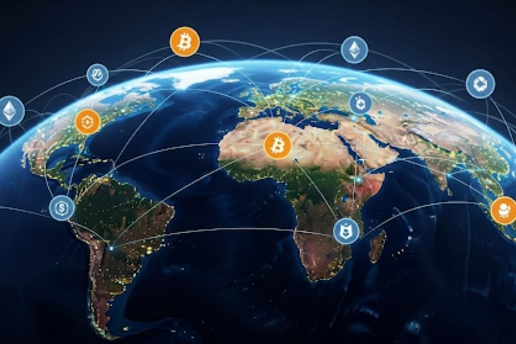 Global cryptocurrency network showing peer-to-peer connections