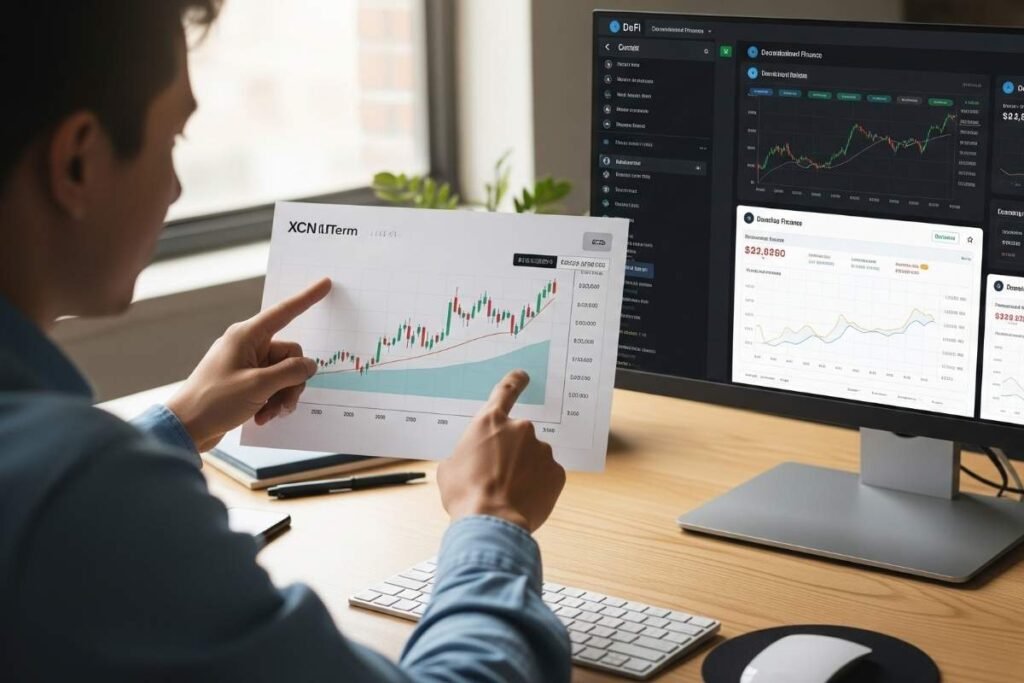 Investor analyzing long-term XCN price prediction to 2030