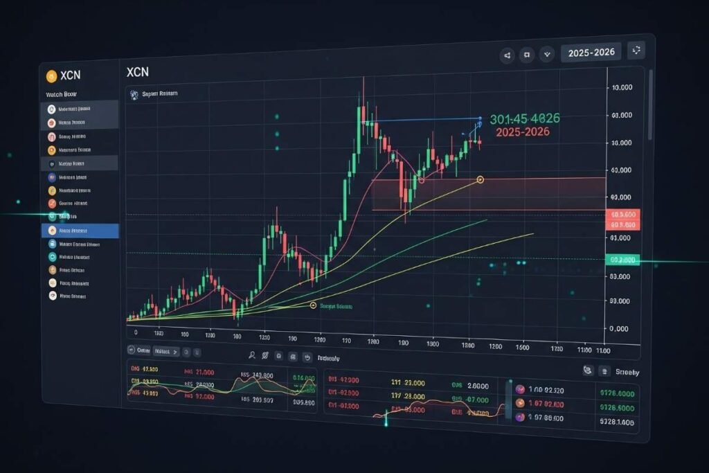 XCN price prediction chart with trend indicators